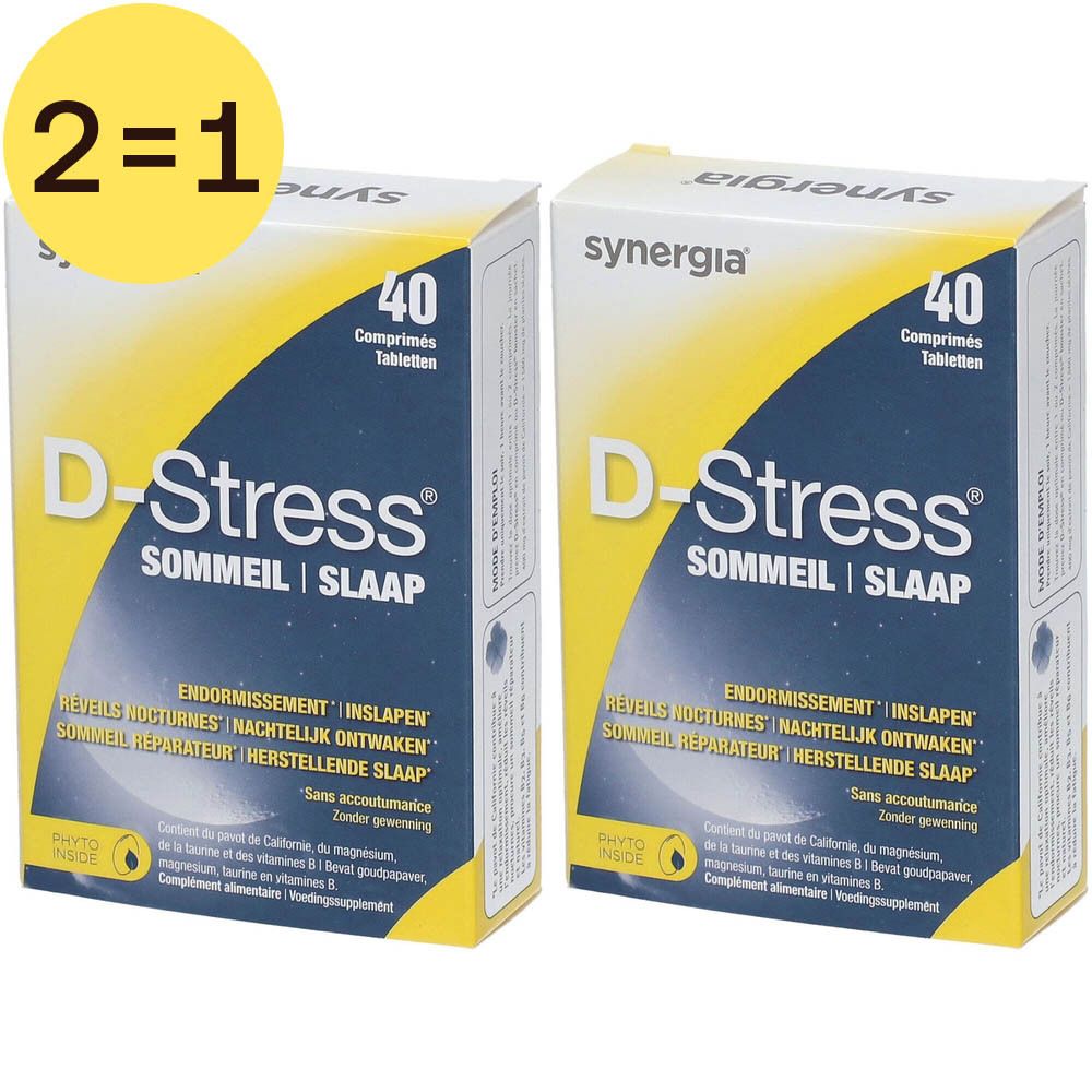 Deux boîtes de comprimés "D-Stress Sommeil". Chaque boîte contient 40 comprimés. Emballage jaune et bleu avec le nom du produit.