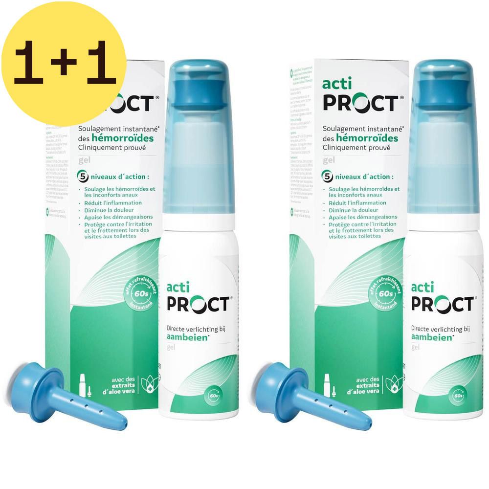 Deux boîtes de gel actiPROCT. Inscription: 1+1 GRATUIT. Soulagement instantané des hémorroïdes. Cliniquement prouvé.