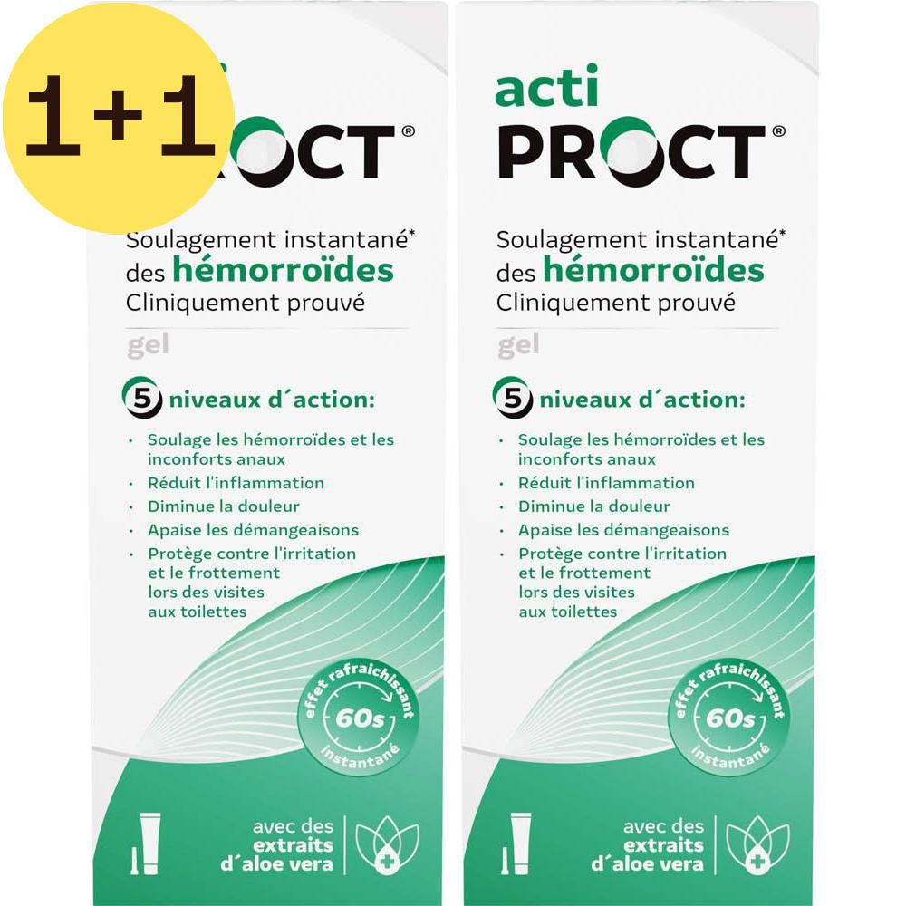 Deux boîtes actiPROCT. Inscription : 1+1 GRATUIT. Emballage avec informations produit.