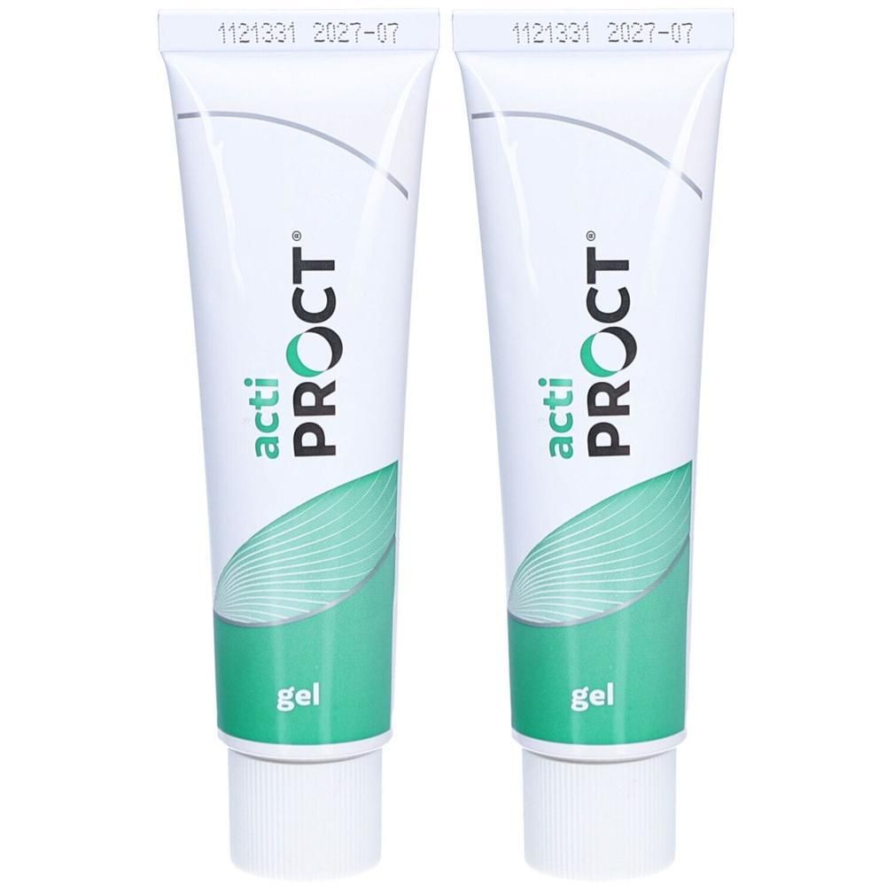 Deux tubes de gel actiPROCT. Tube blanc avec design vert et bouchon blanc.