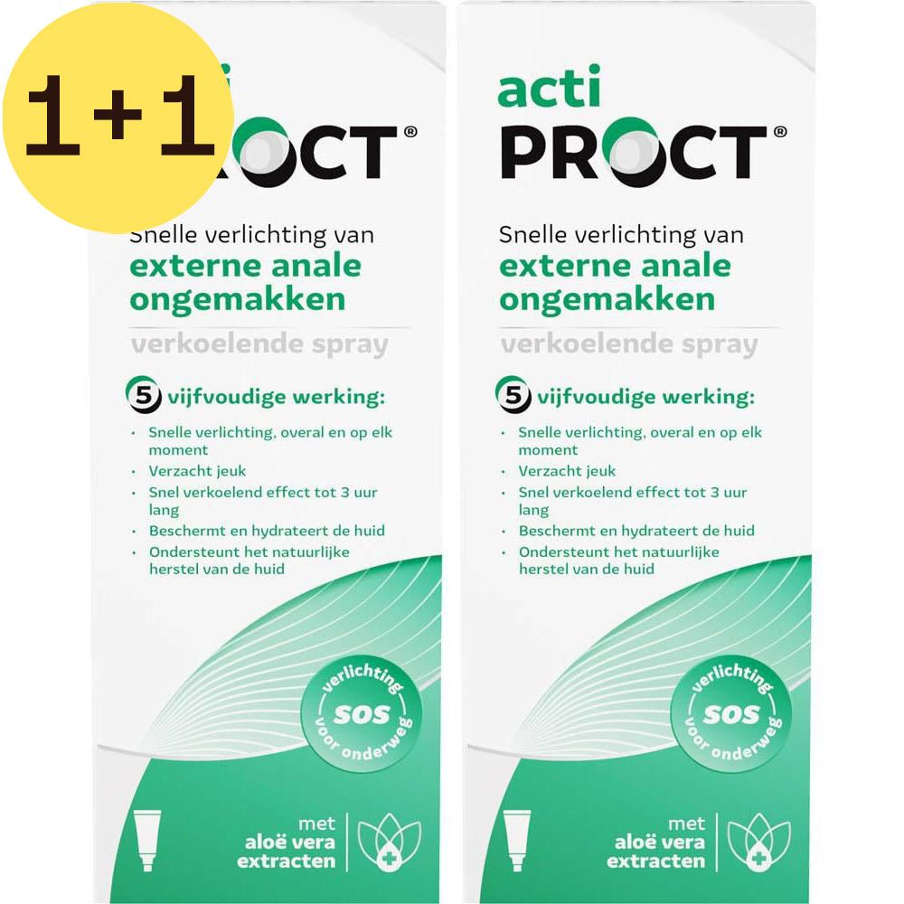 Deux boîtes Acti Proct Spray. Emballage blanc avec texte vert. 1+1 gratuit.
