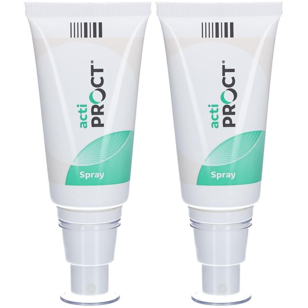 Deux tubes Acti Proct Spray. Tubes blancs avec logo vert et inscription. Avec applicateur.