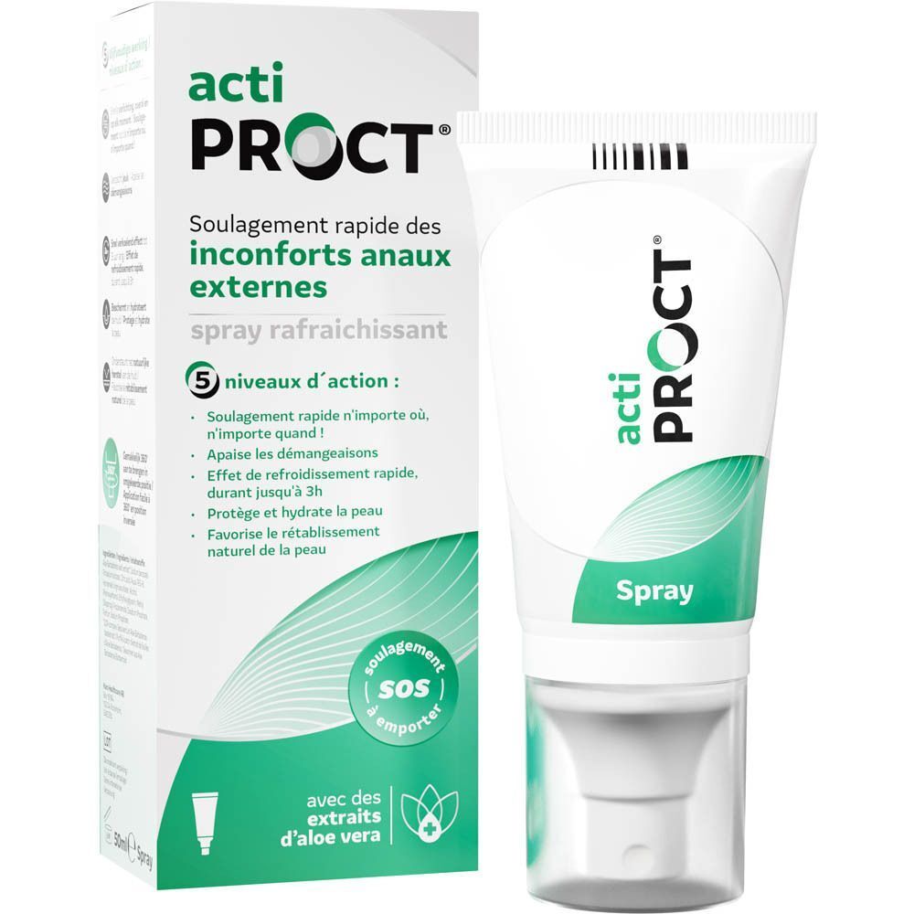 Acti Proct Spray et emballage. Emballage blanc avec texte vert. Nom du produit et description.