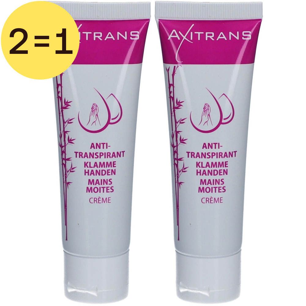 Deux tubes de crème AXITRANS, blancs avec des accents violets. Inscription : Anti-transpirant, Mains Moites. Étiquette jaune 2=1.