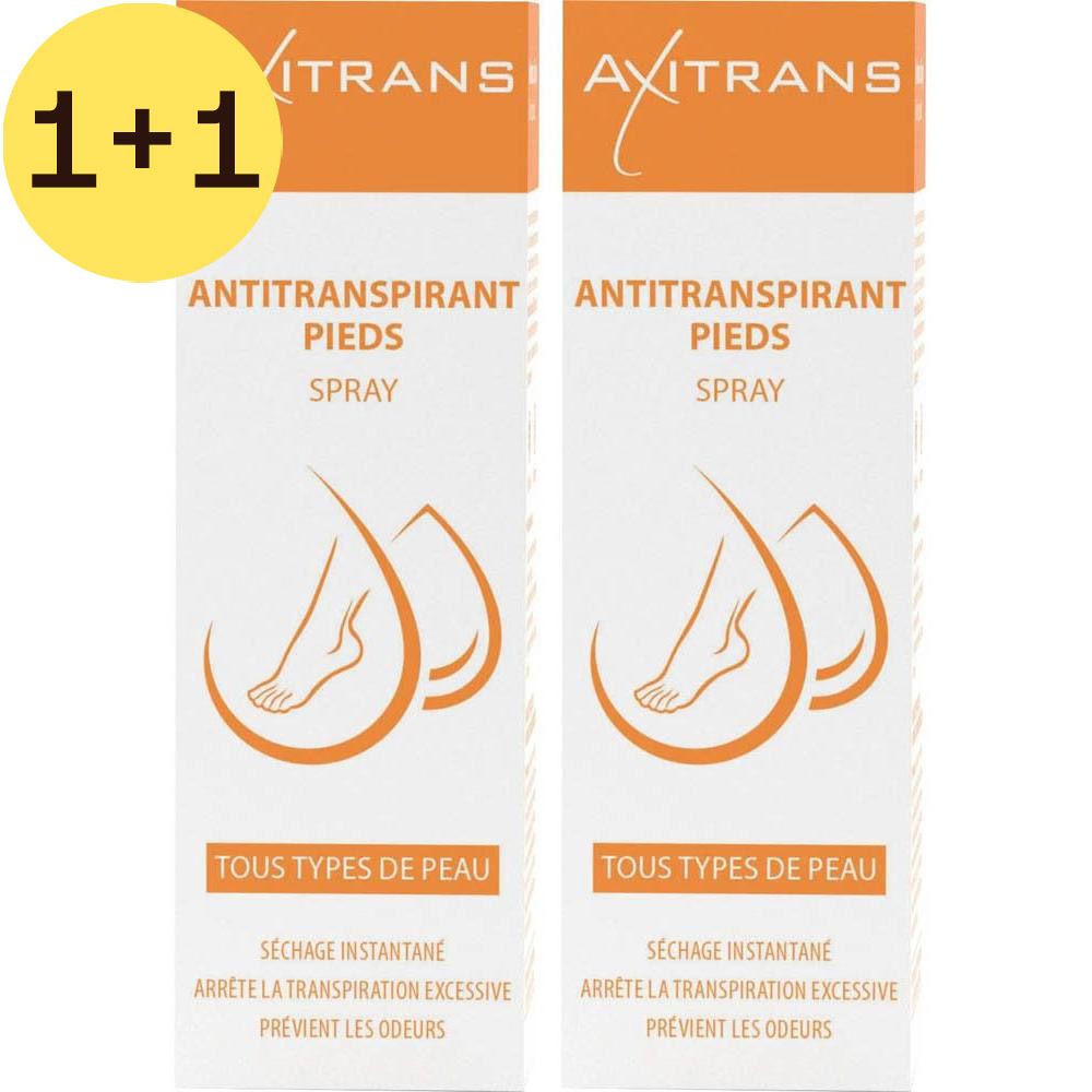 Deux sprays AXITRANS Antitranspirant Pieds Spray. Logo pied et gouttes. Bouchon orange, texte blanc. Étiquette jaune: 2=1. Tous types de peau.