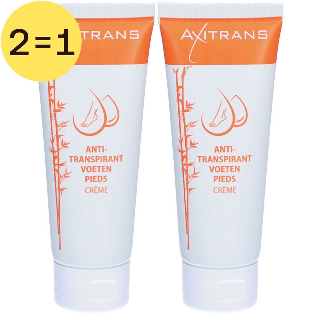 Deux tubes de crème AXITRANS Antitranspirant Pieds Crème. Logo pied et gouttes. Bouchon orange, texte blanc. Étiquette jaune: 2=1.