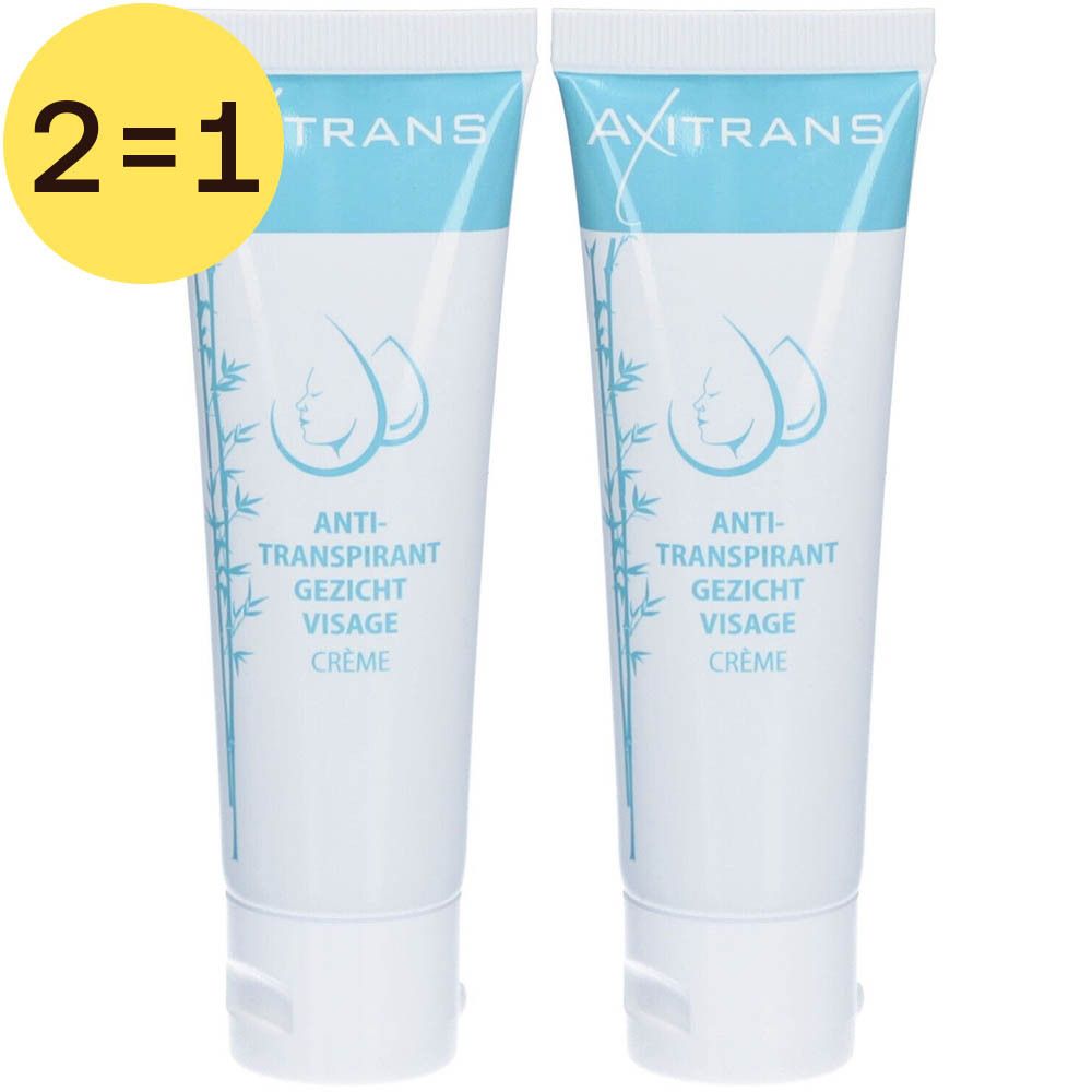 Deux tubes de crème antitranspirante. Inscription : AXITRANS, Anti-Transpirant, Visage, Crème. Marque circulaire jaune : 2=1.