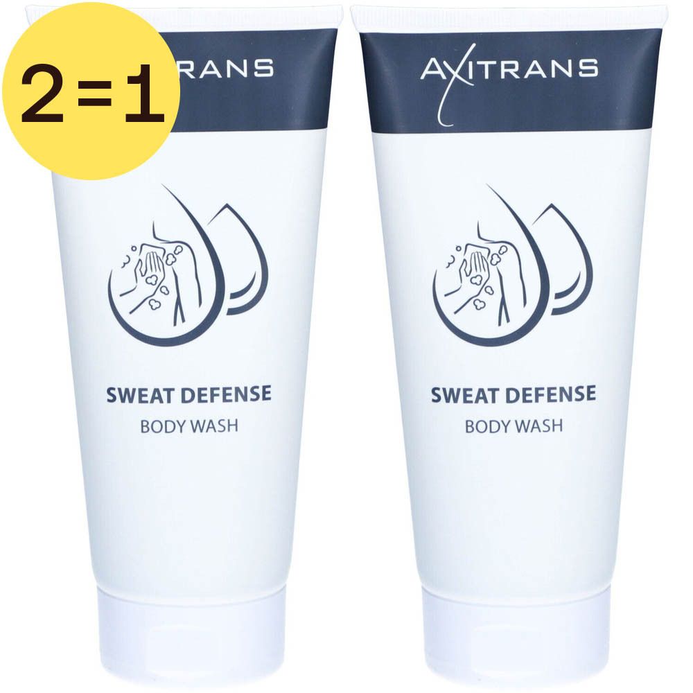 Deux tubes blancs avec impression bleue. Inscription : Axitrans, Sweat Defense Body Wash. Cercle jaune avec "2=1".