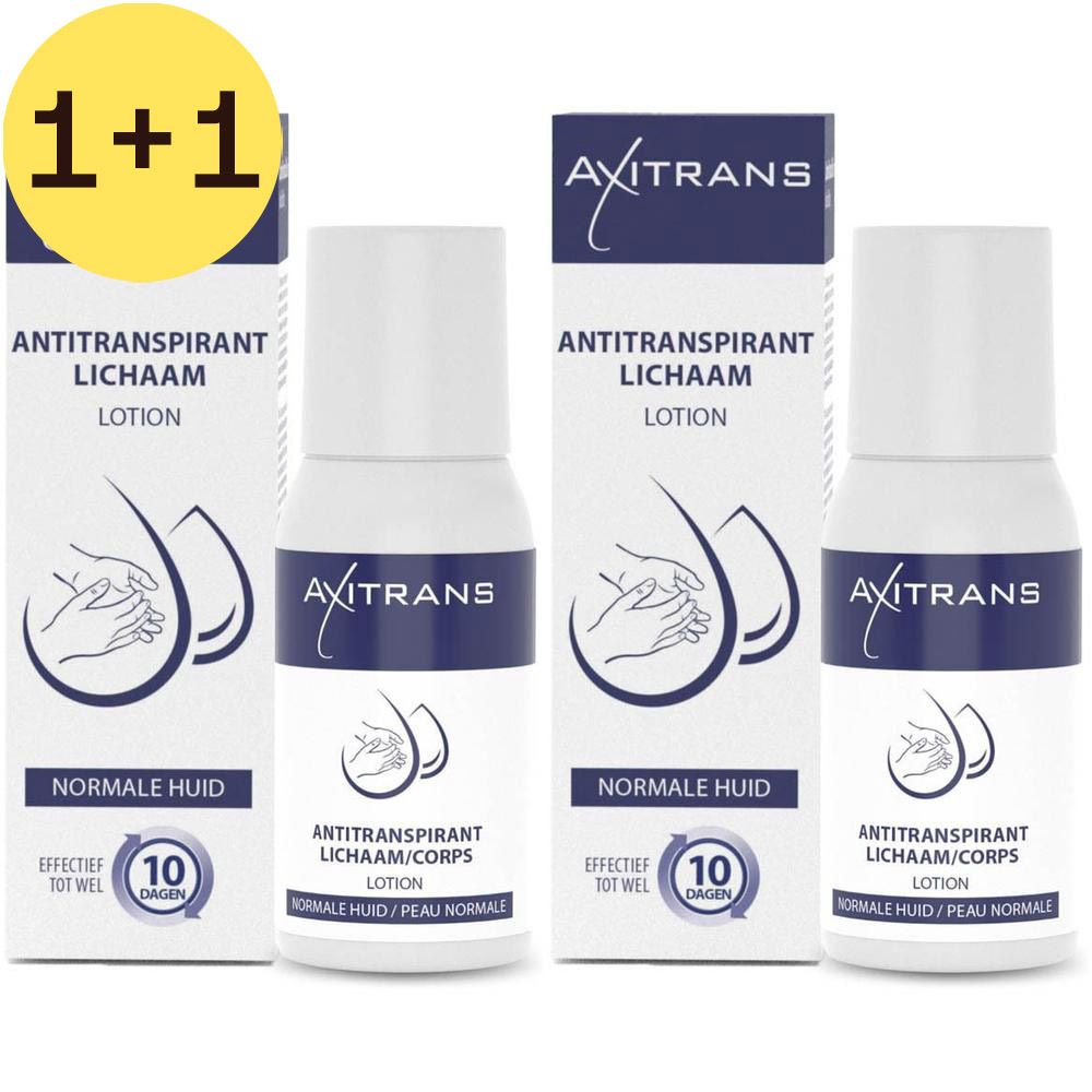 Deux flacons et deux boîtes. Inscription: AXITRANS, antitranspirant mains & corps. Étiquette jaune 2=1.