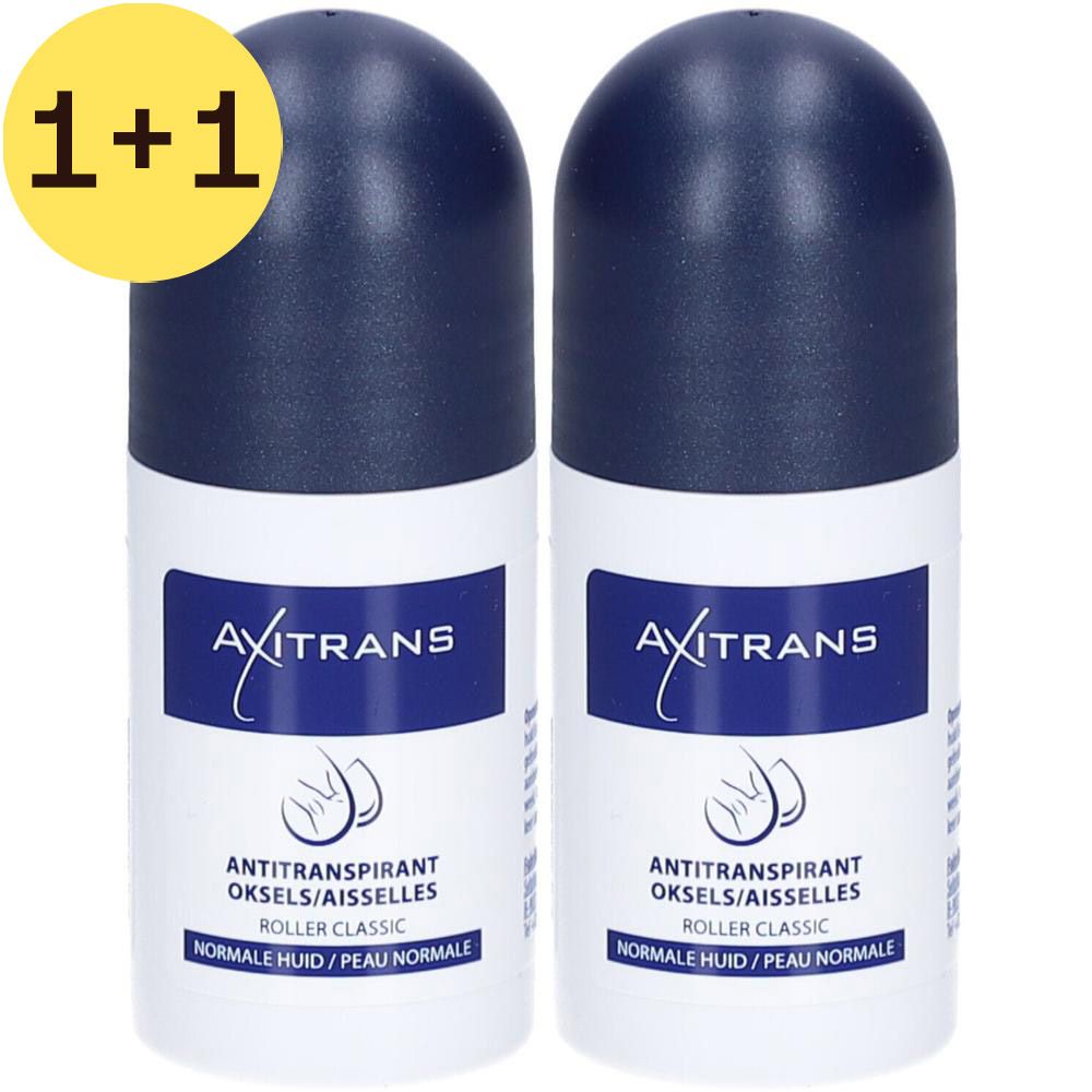 Deux déodorants roll-on blancs et bleus. Inscription: Axitrans, Antitrans, Roller Classic. Étiquette: Peau Normale. 2 pour 1.