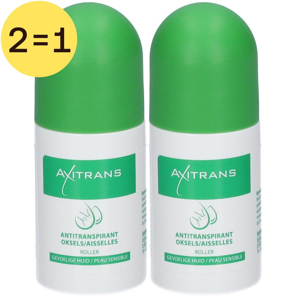 Deux roll-ons blancs à capuchons verts. Inscription: Axitrans, Antitranspirant, peau sensible. Étiquette jaune 2=1.