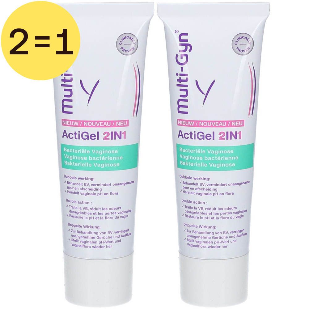 Deux tubes Multi-Gyn ActiGel 2IN1. Inscription: Vaginose bactérienne. Jaune: 2=1.
