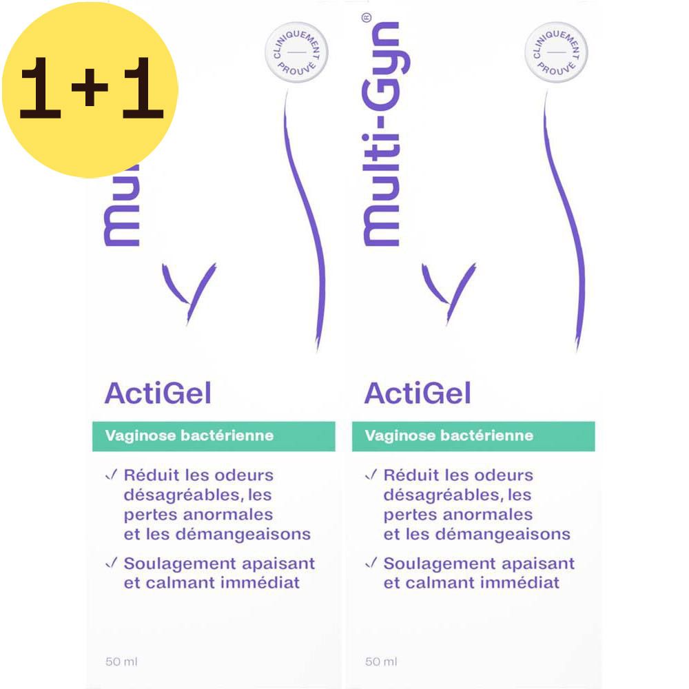 Deux boîtes de Multi-Gyn ActiGel. Informations sur l'emballage. Logo et nom du produit visibles.