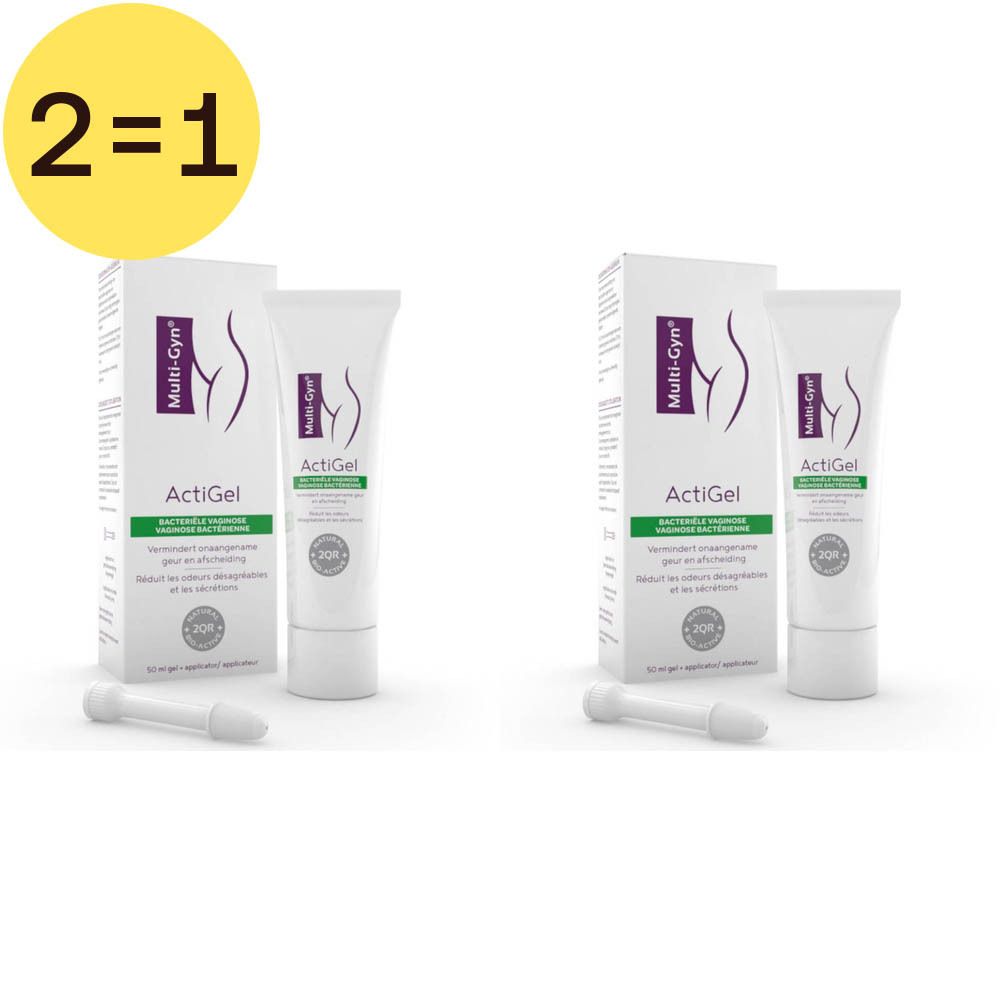 Deux boîtes de Multi-Gyn ActiGel avec applicateur. Tube blanc et boîte avec informations et logo.