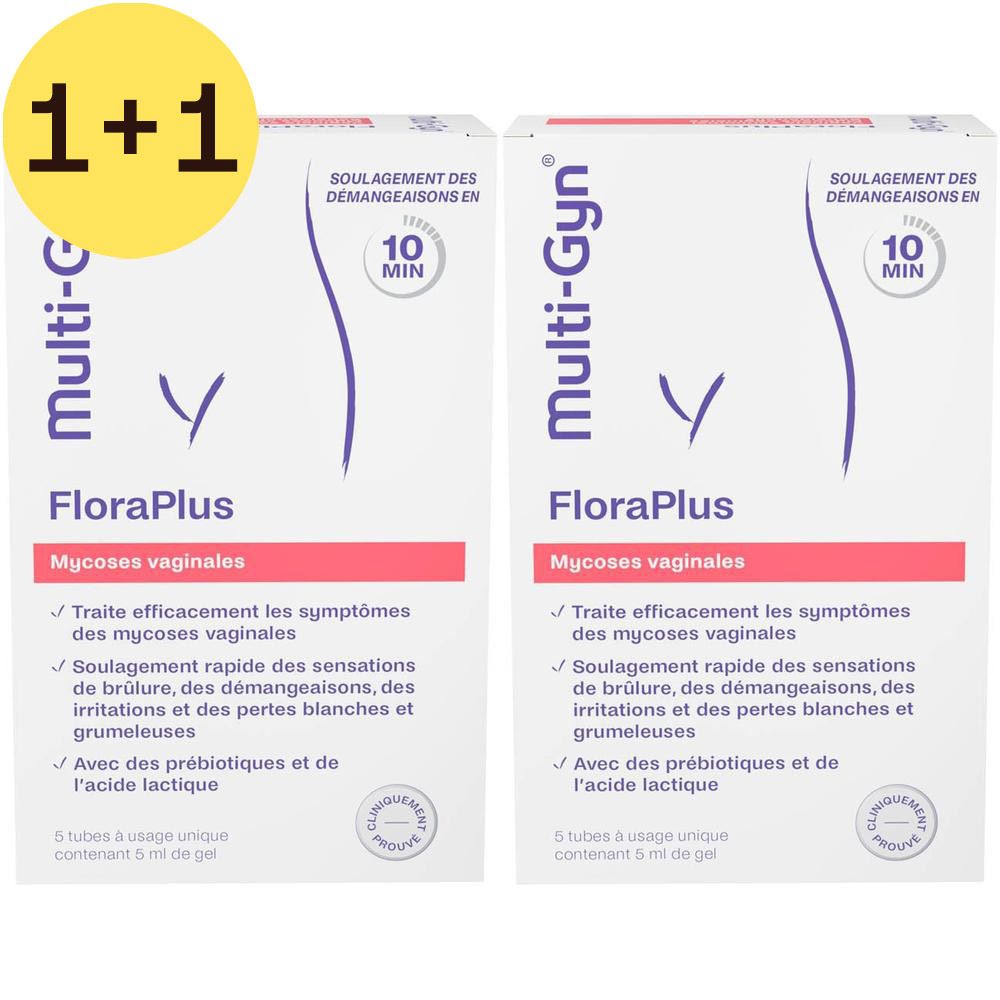 Deux boîtes Multi-Gyn FloraPlus. Boîtes blanches avec texte et illustration violets. Inscription : Mycoses vaginales.