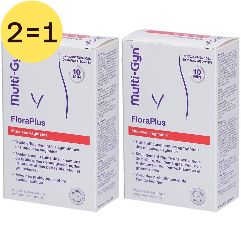 Deux boîtes Multi-Gyn FloraPlus. Boîtes blanches avec texte et illustration violets. Inscription : Mycoses vaginales.