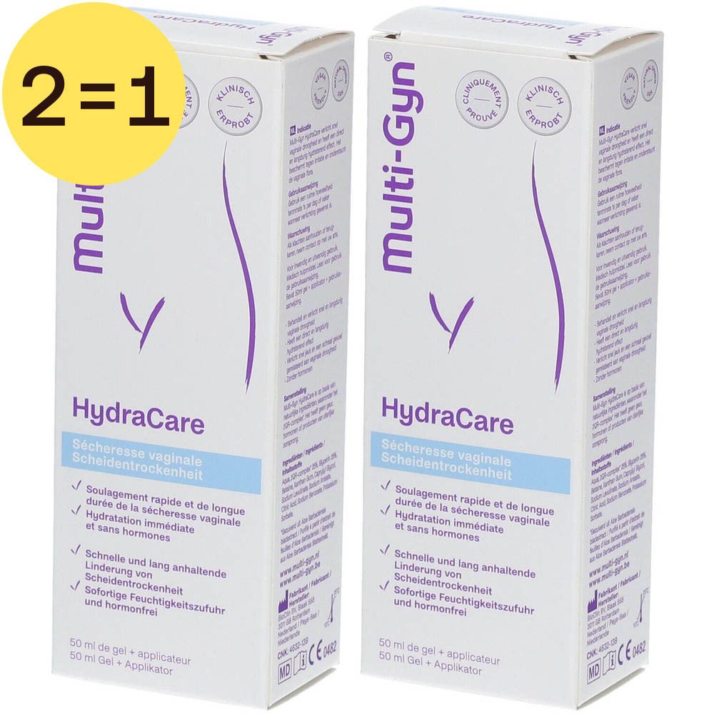Deux boîtes de Multi-Gyn HydraCare gel. L'emballage indique "HydraCare" et "Sécheresse vaginale".