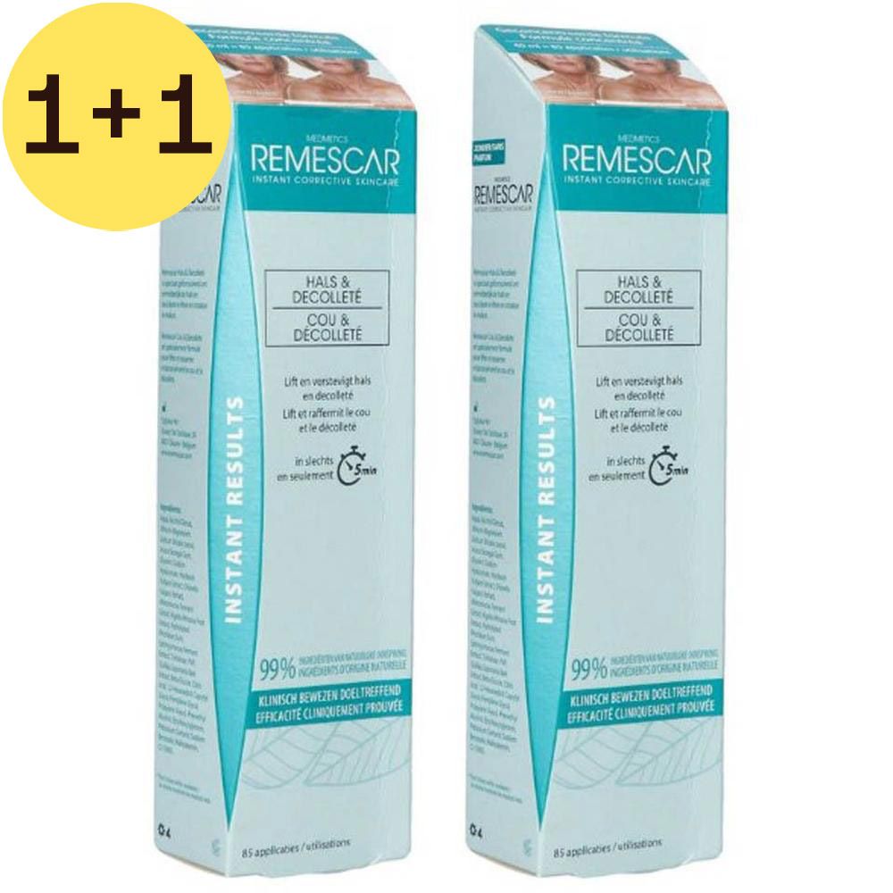 Deux boîtes REMESCAR Cou & Décolleté. Emballage bleu avec nom et description du produit. Offre 1+1 gratuite.