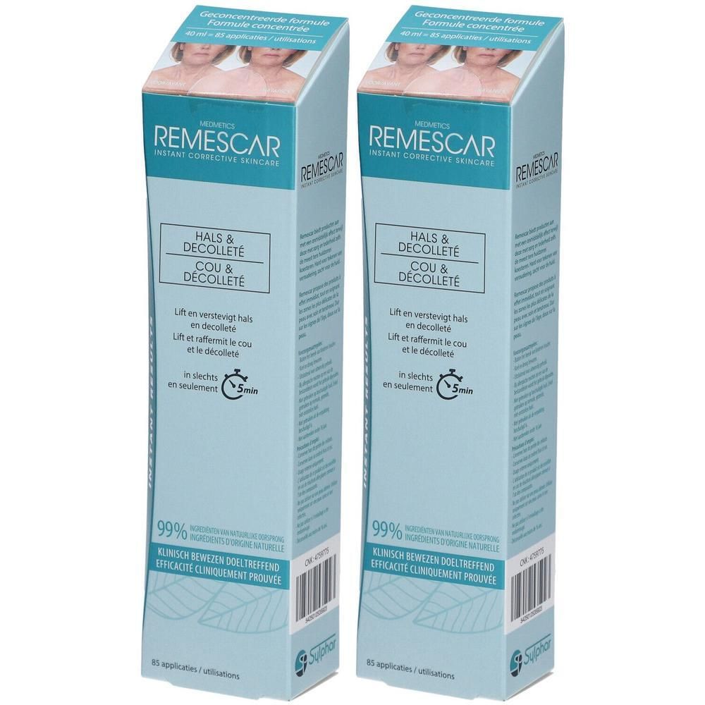 Deux boîtes REMESCAR Cou & Décolleté. Emballage bleu avec nom et description du produit. Ingrédients 99% naturels.