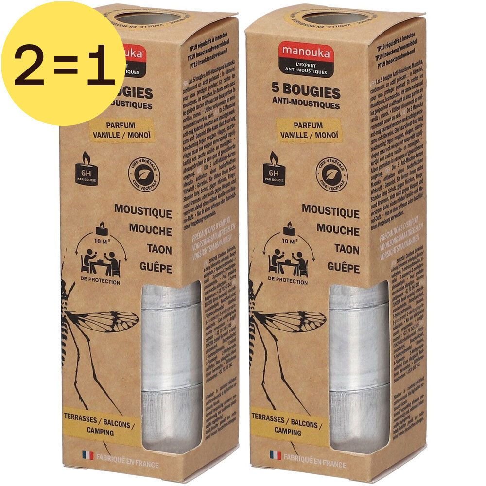 Deux boîtes de bougies anti-moustiques. Emballage en carton avec informations et logo.