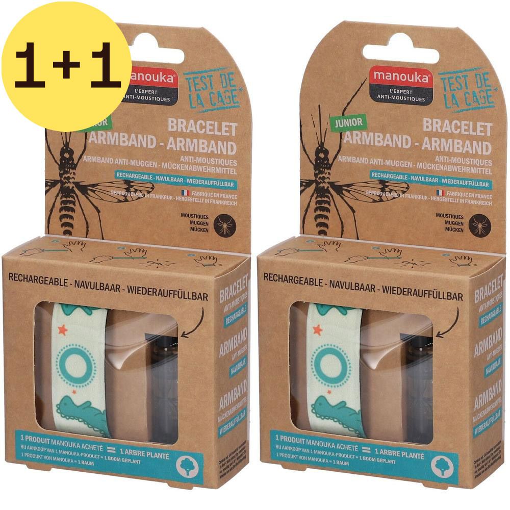 Deux bracelets Manouka Junior anti-moustiques en emballage carton. Rechargeable. 2 pour 1.