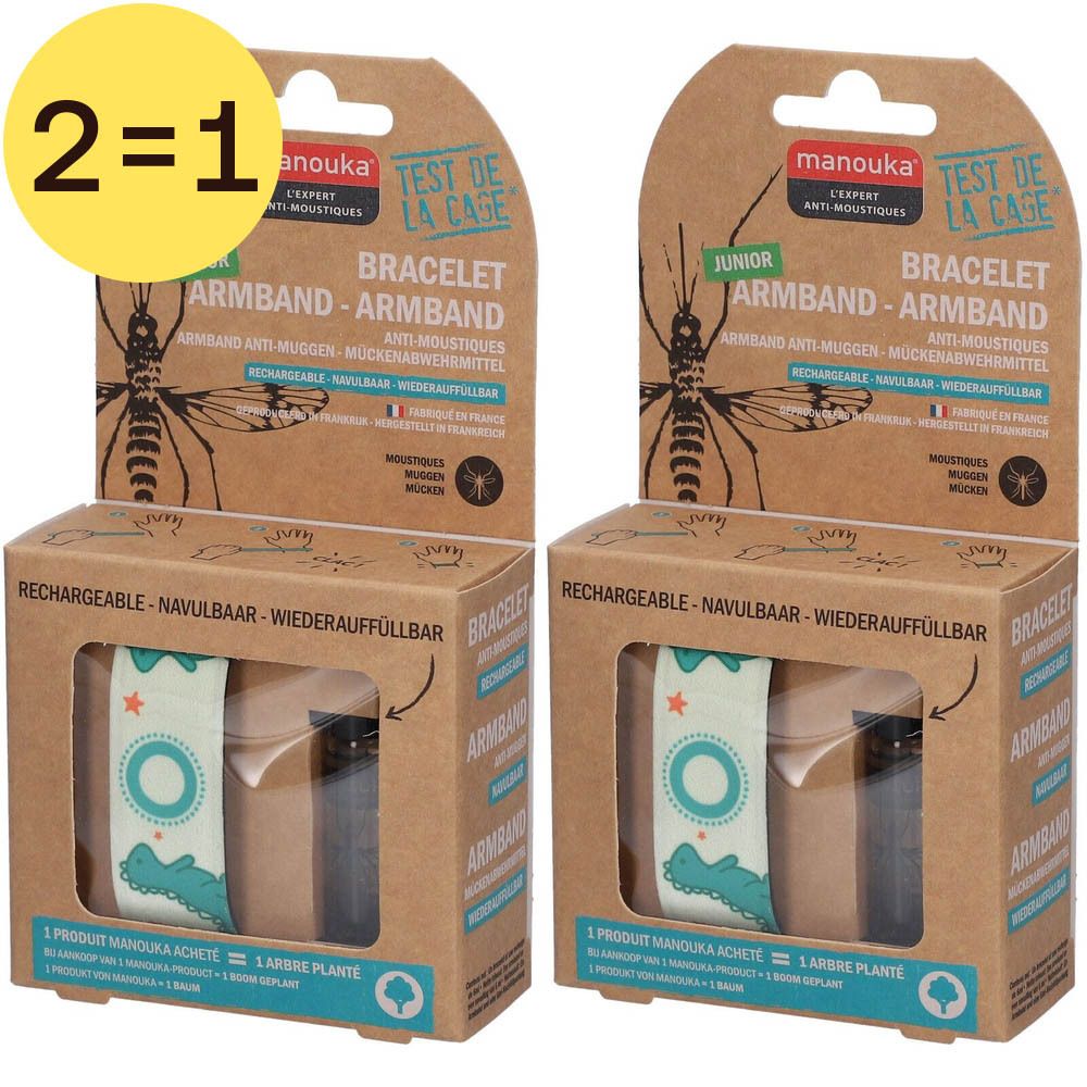 Deux bracelets Manouka Junior anti-moustiques en emballage carton. Rechargeable. 2 pour 1.