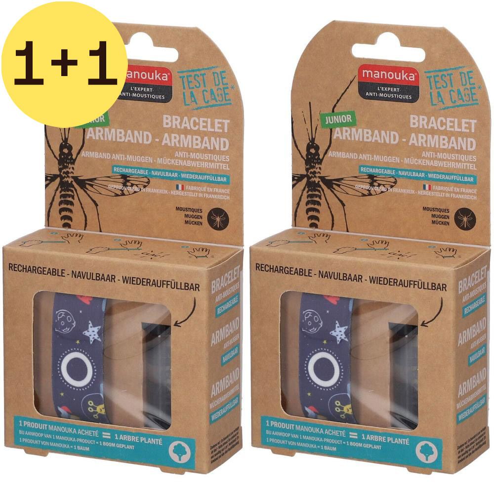 Deux bracelets anti-moustiques Manouka Junior en emballage. Texte: "Test de la cage".