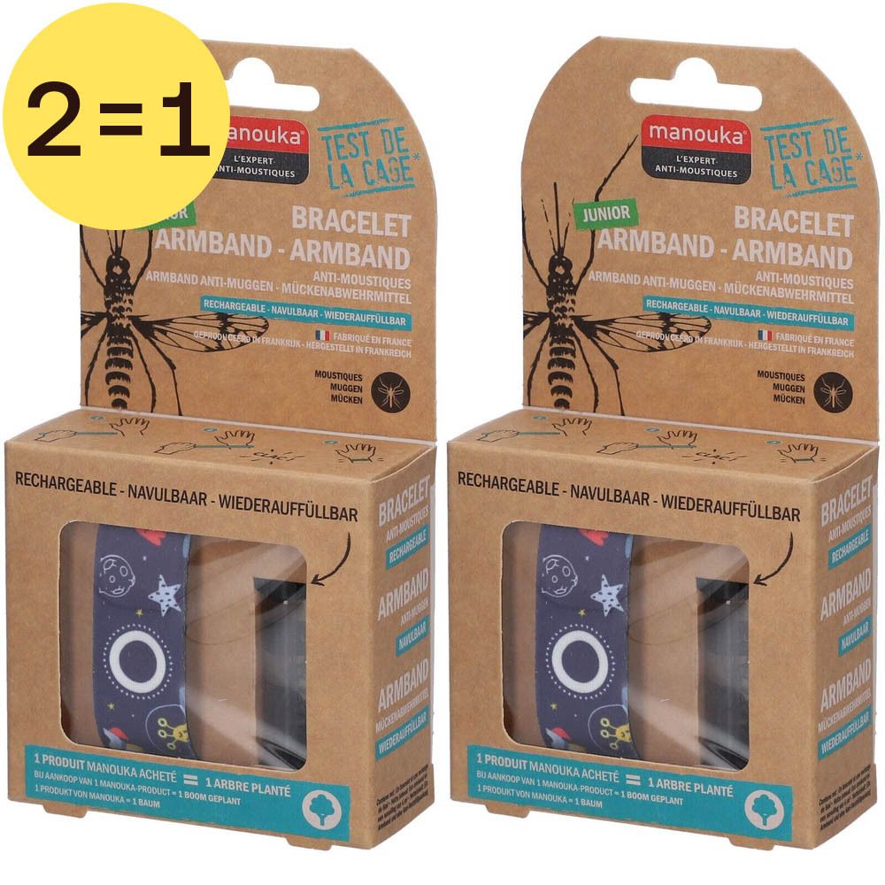 Deux bracelets anti-moustiques Manouka Junior en emballage. Texte: "Test de la cage".