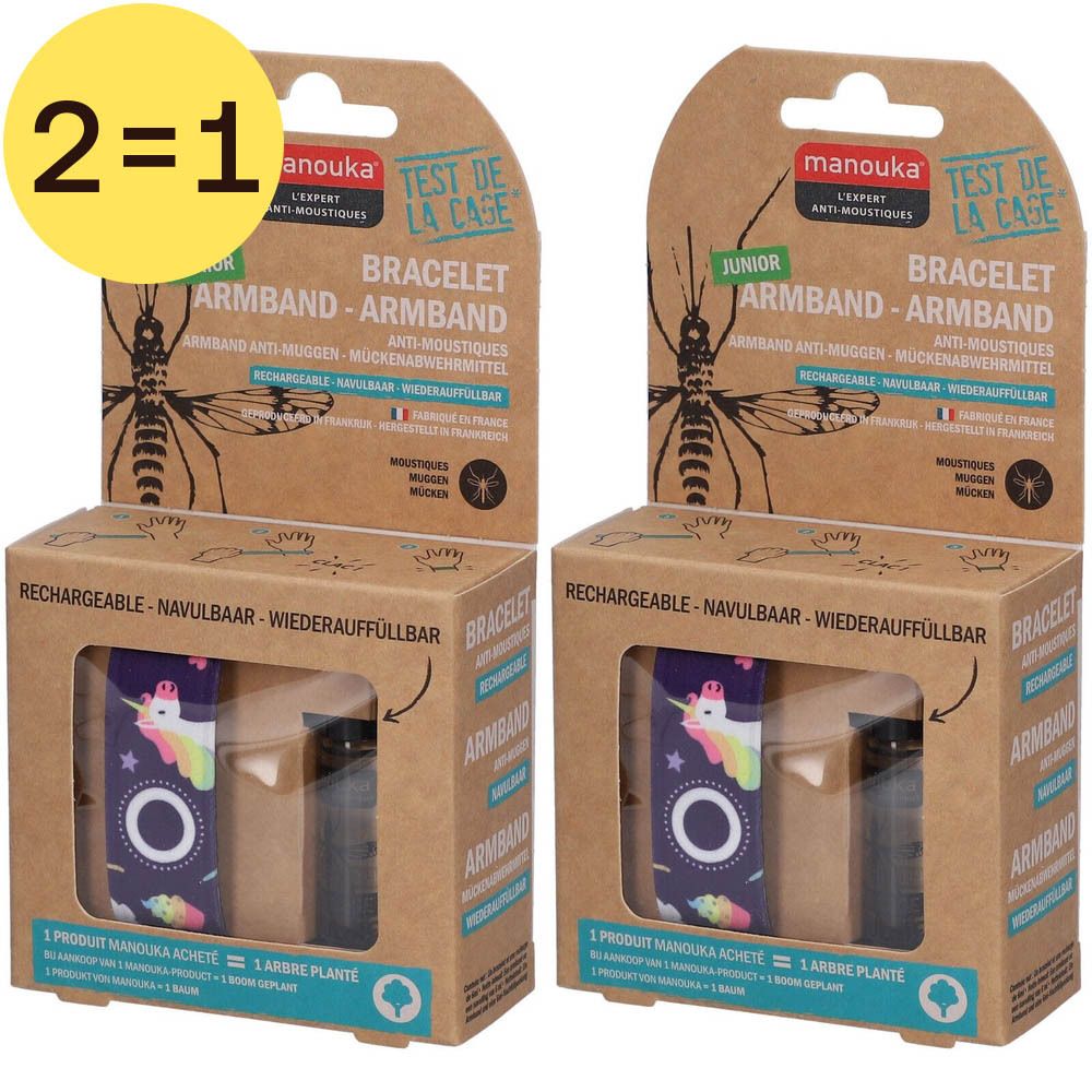 Deux bracelets anti-moustiques avec motif licorne, emballage en carton. Autocollant "2=1".