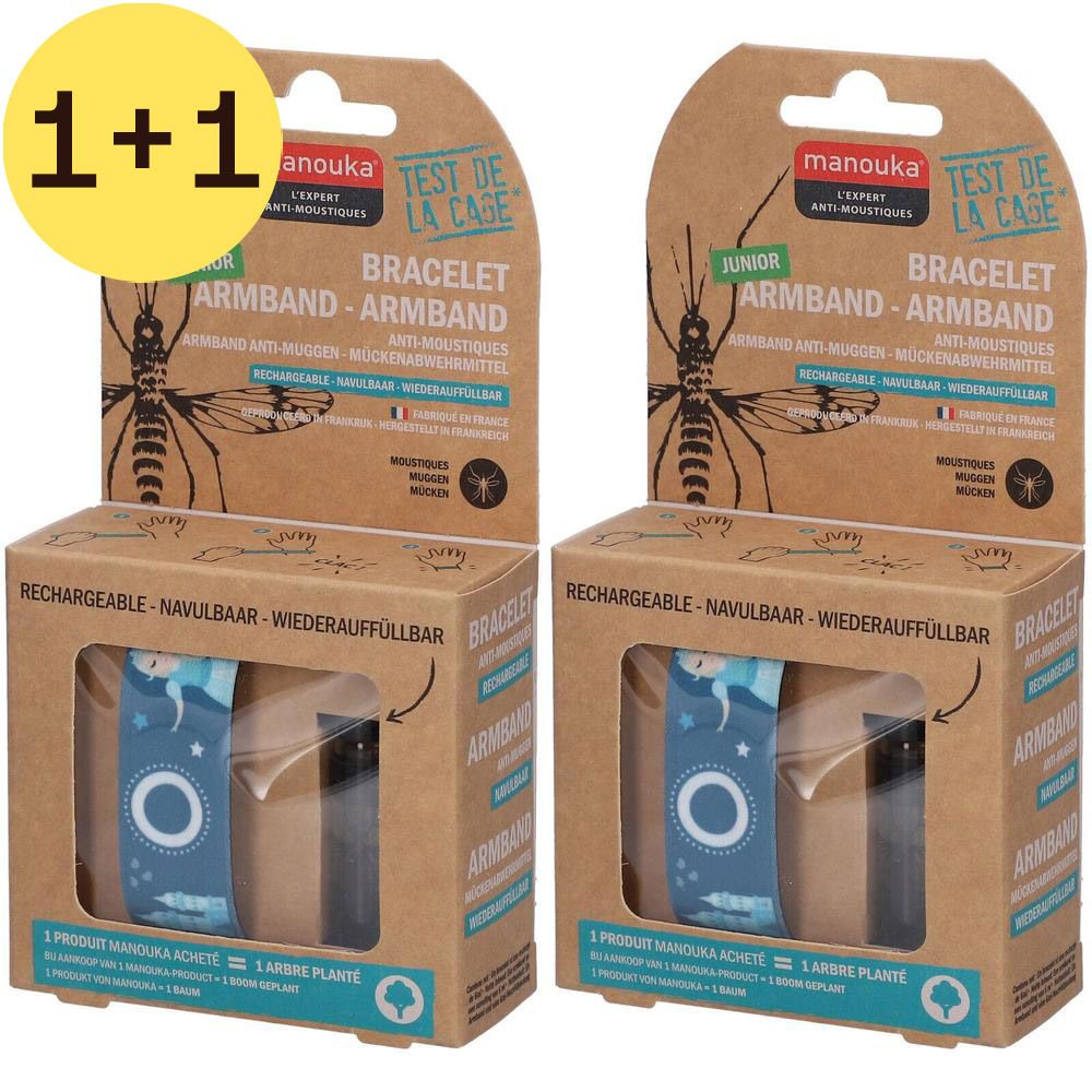 Deux bracelets anti-moustiques Manouka Junior. Emballage en carton. Rechargeable. Logo et texte visibles.