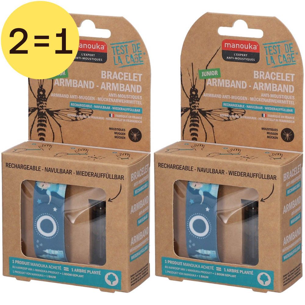 Deux bracelets anti-moustiques Manouka Junior. Emballage en carton. Rechargeable. Logo et texte visibles.