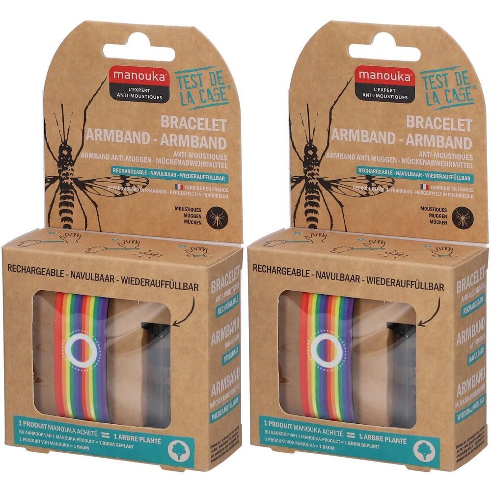 Deux boîtes de bracelets anti-moustiques. Emballage en carton avec nom et logo du produit. Bracelets multicolores visibles.