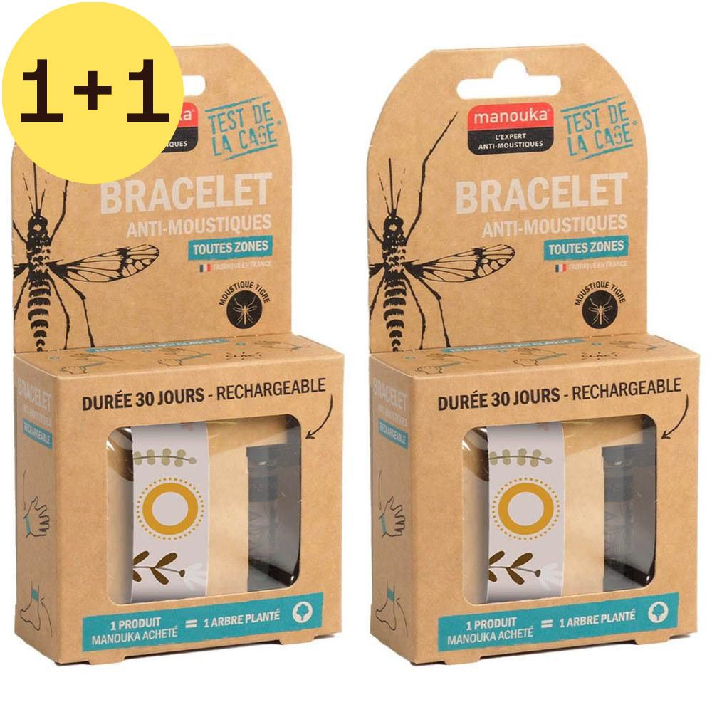 Deux boîtes de bracelets anti-moustiques. Emballage en carton avec nom du produit, logo et informations. Autocollant "2=1".