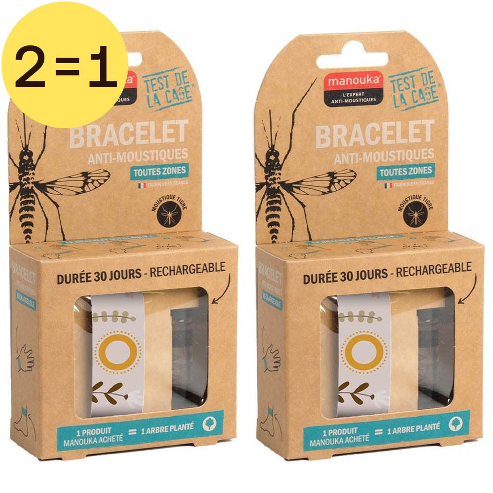Deux boîtes de bracelets anti-moustiques. Emballage en carton avec nom du produit, logo et informations. Autocollant "2=1".
