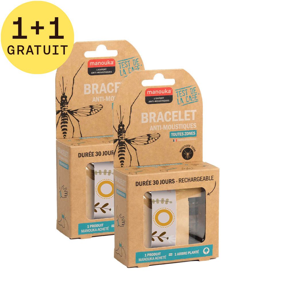 Deux boîtes de bracelets anti-moustiques. Emballage en carton avec nom du produit, logo et informations. Autocollant "1+1 GRATUIT".