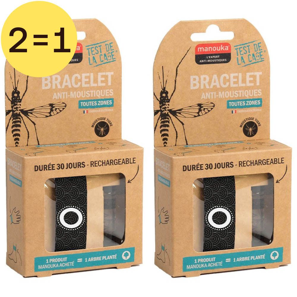 Deux boîtes de bracelets anti-moustiques. Emballage en carton avec image et texte. Autocollant "2=1".