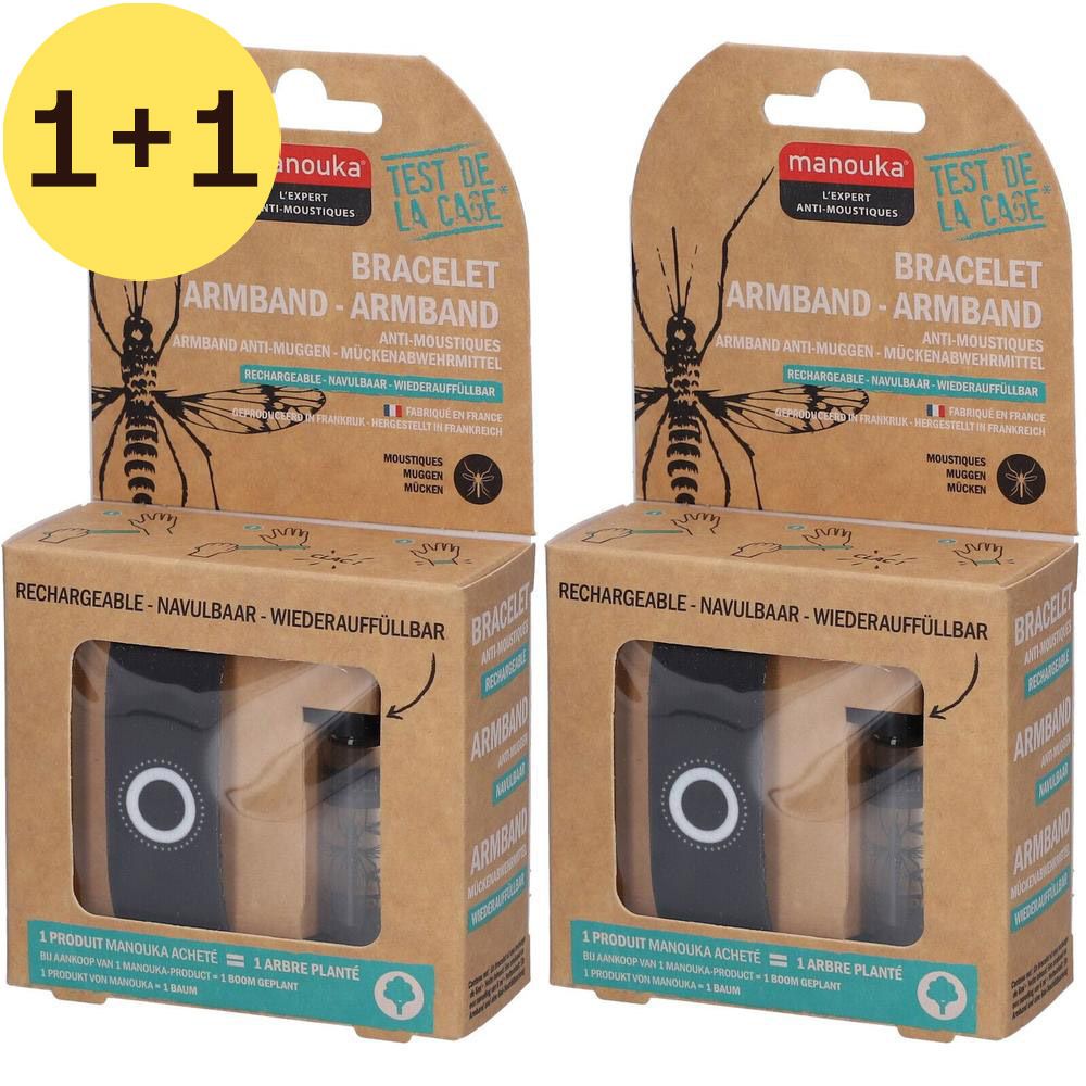 Deux boîtes de bracelets anti-moustiques. Emballages bruns avec image et texte. Étiquette jaune 2=1.