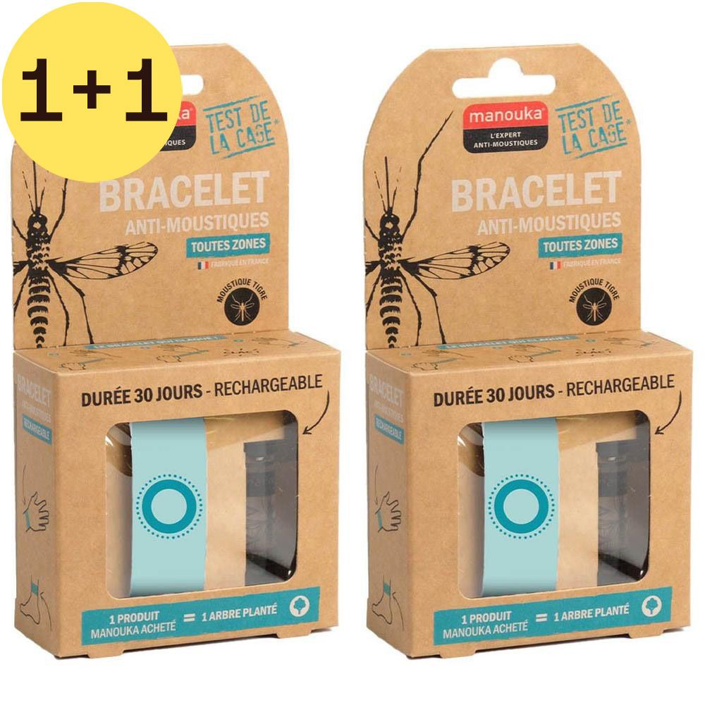 Deux boîtes de bracelets anti-moustiques. Emballage carton avec image et texte. Autocollant "2=1".