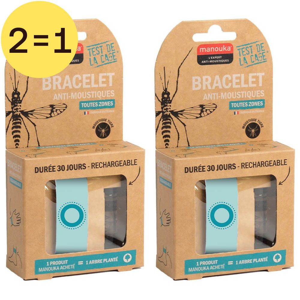 Deux boîtes de bracelets anti-moustiques. Emballage carton avec image et texte. Autocollant "2=1".