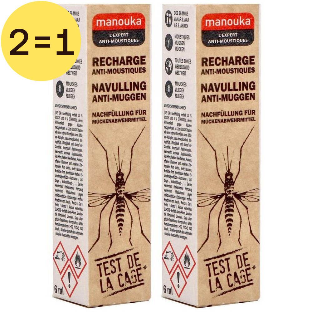 Deux recharges anti-moustiques Manouka. Inscription: "Recharge Anti-Moustiques", dessin d'insecte, "Test de la Cage".