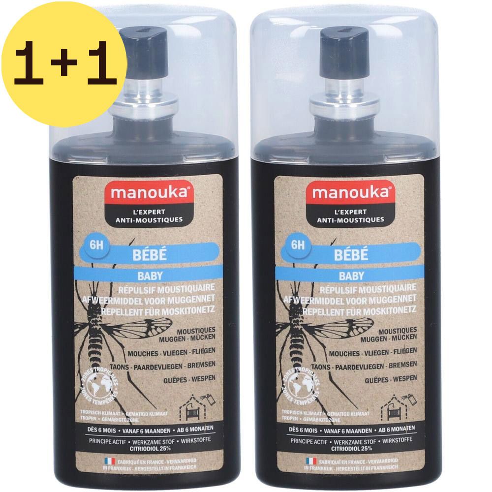 Deux flacons de répulsif anti-moustiques Manouka Bébé. 2 en 1. Pour bébés dès 6 mois. Avec bouchon transparent.