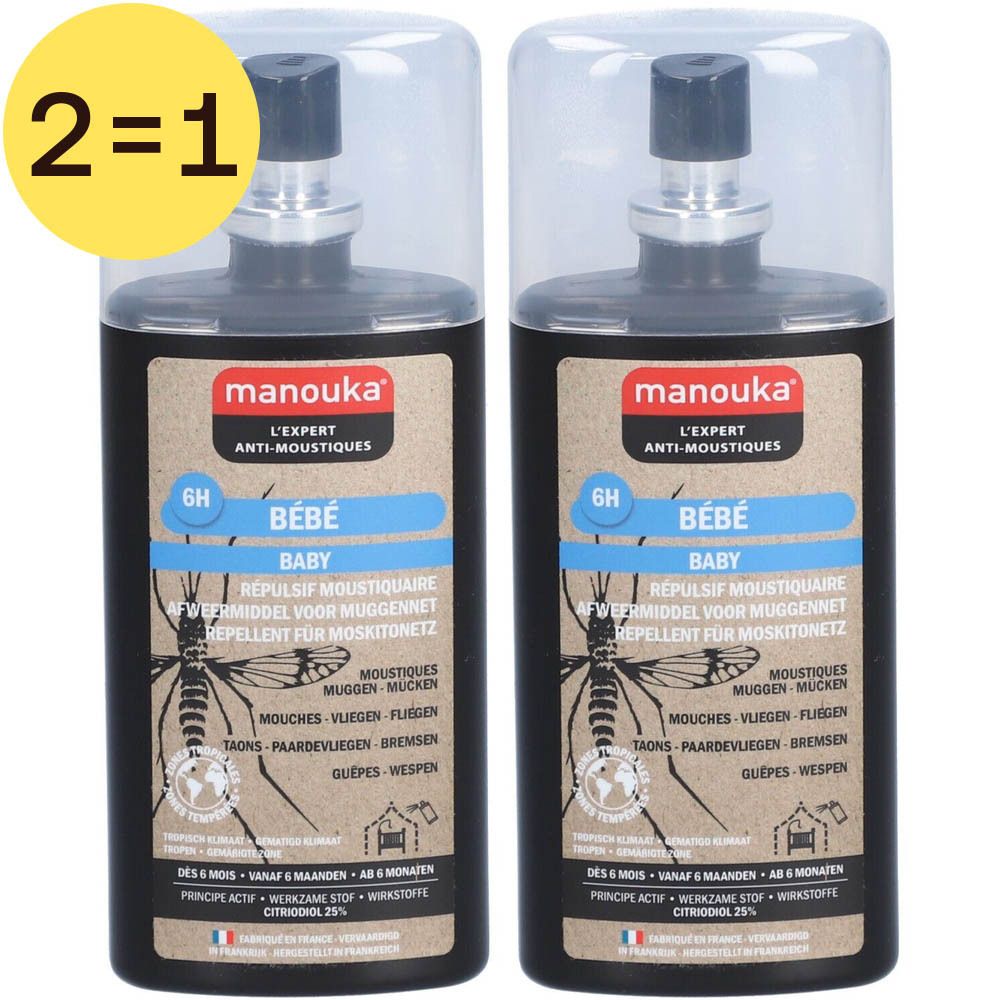 Deux flacons de répulsif anti-moustiques Manouka Bébé. 2 en 1. Pour bébés dès 6 mois. Avec bouchon transparent.