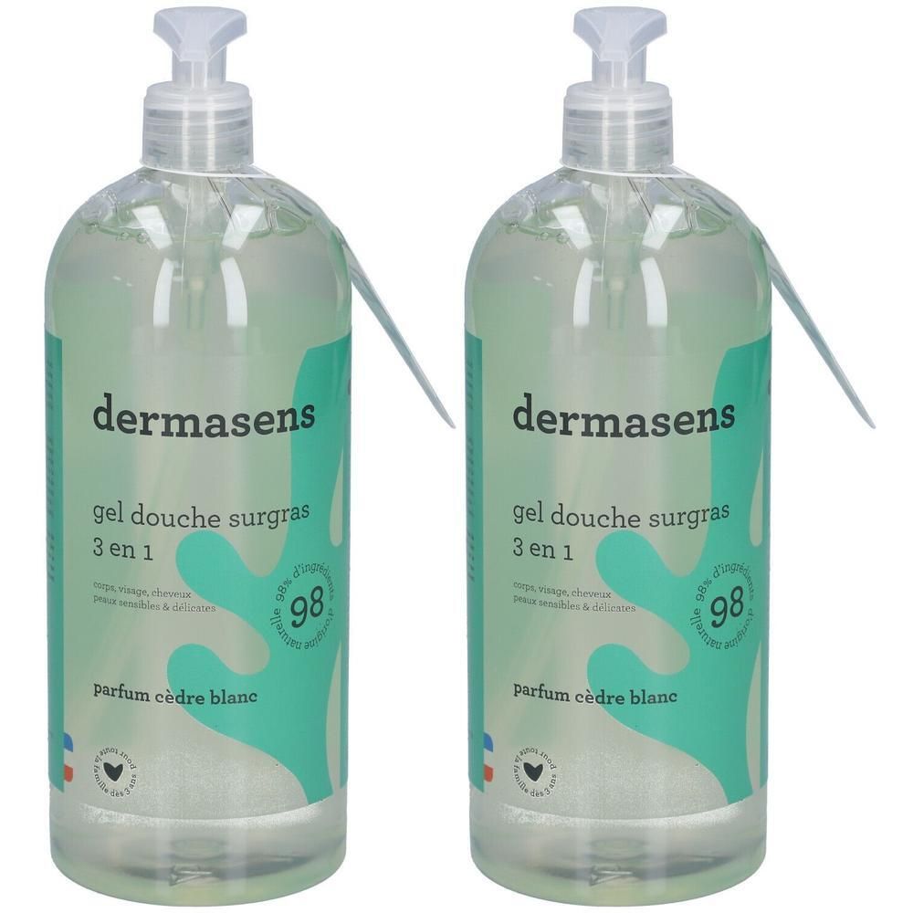 Deux flacons de gel douche avec étiquette. Inscription: dermasens, Gel Douche Surgras 3 en 1, Parfum Cèdre blanc.