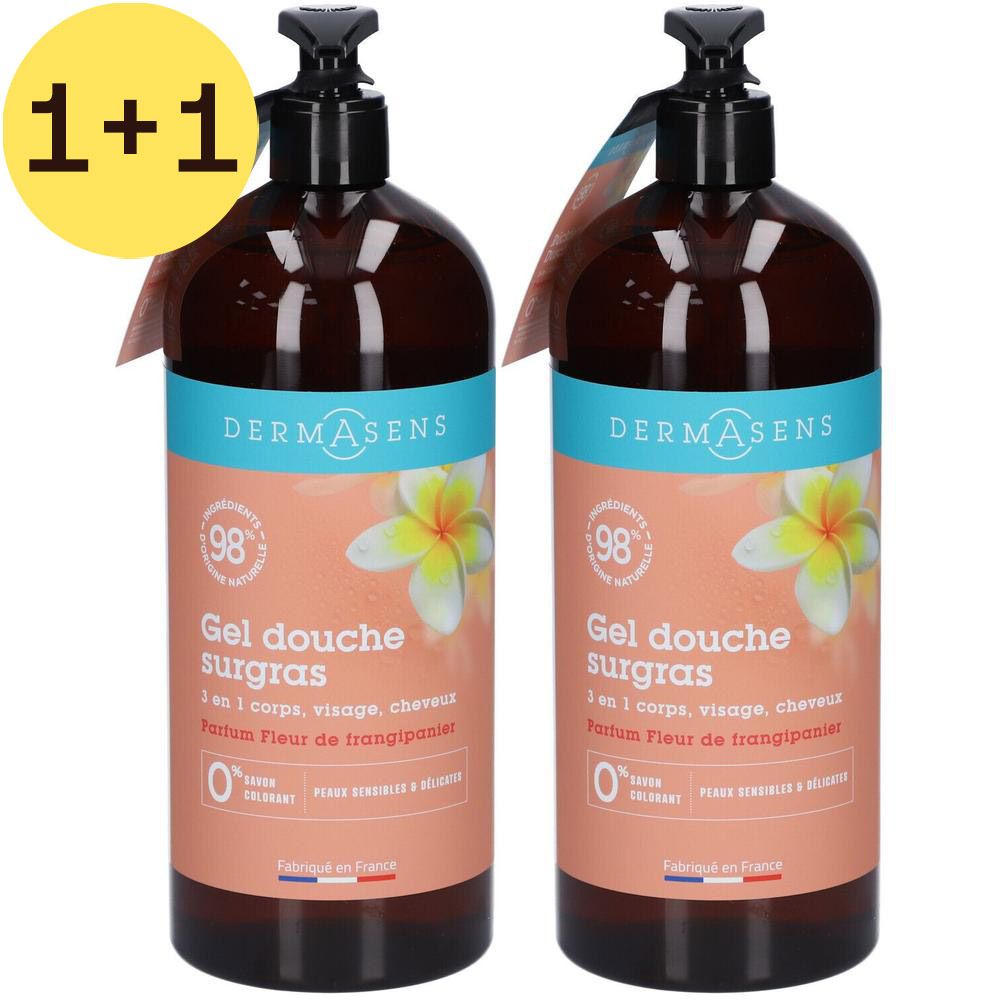 Deux flacons de gel douche avec pompe. Inscription: DERMASENS, Gel douche surgras, 3 en 1, Fleur de frangipanier. Avec certification. 1+1 GRATUIT.