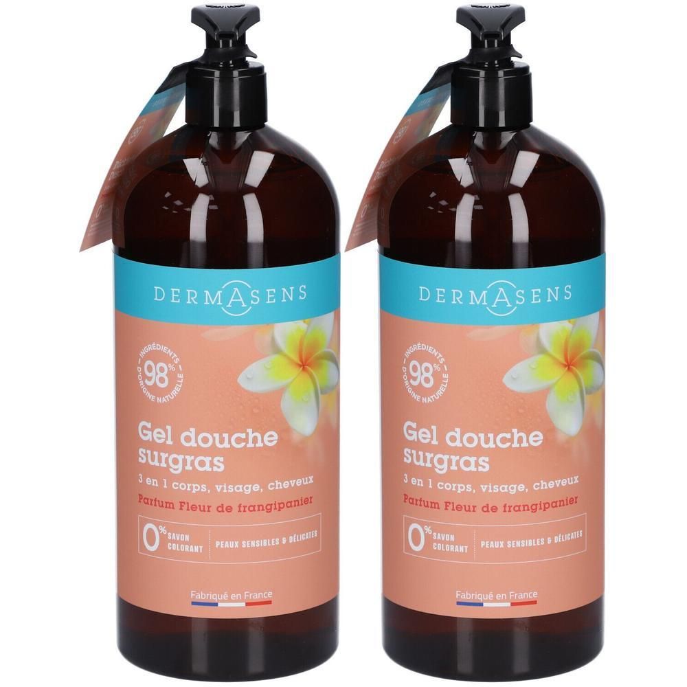 Deux flacons de gel douche avec pompe. Inscription: DERMASENS, Gel douche surgras, 3 en 1, Fleur de frangipanier. Avec certification.