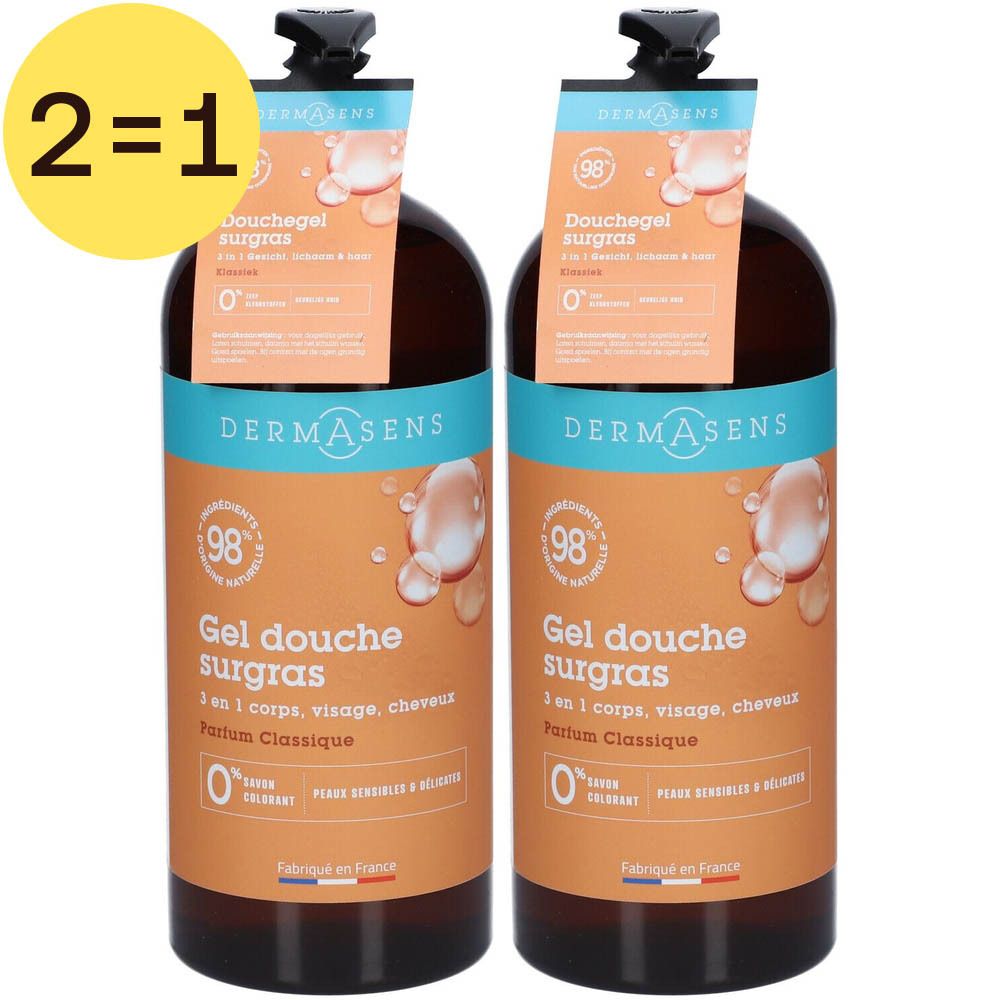 Deux flacons de DermAsens Gel Douche Surgras. Étiquettes avec informations produit. Autocollant 2=1.