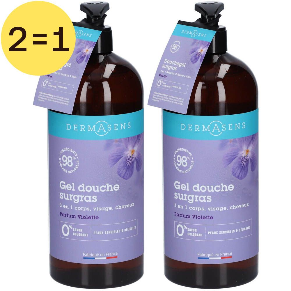 Deux flacons de gel douche DermAsens, étiquettes violettes. Inscription 'Gel douche surgras'. Autocollant 2=1.