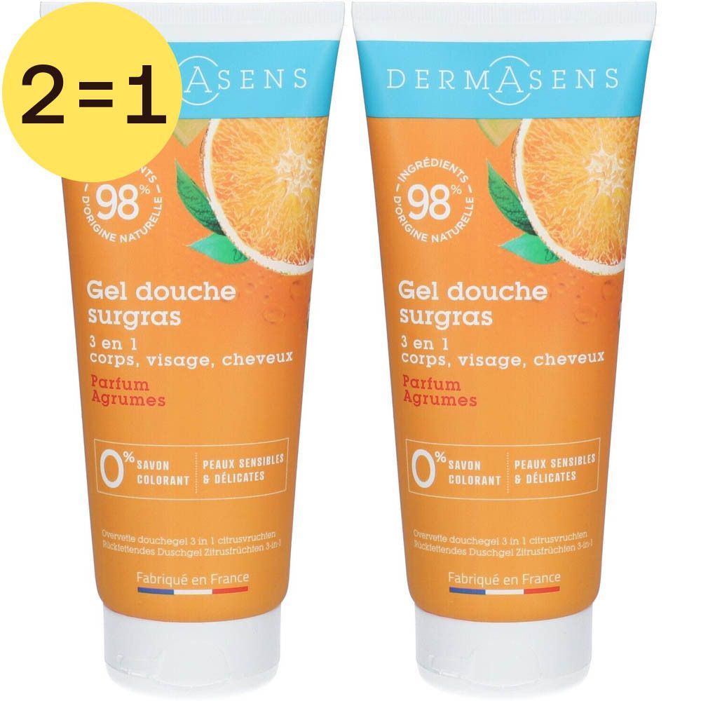 Deux tubes de gel douche avec motif orange. Texte : "Gel douche surgras", "Parfum Agrumes", "0% savon".