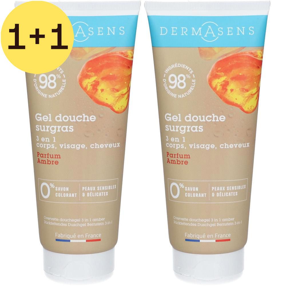 Deux tubes de DermAsens Gel Douche Surgras Ambre 2 pour 1. Inscription: Gel douche surgras, Parfum Ambre, 3 en 1.
