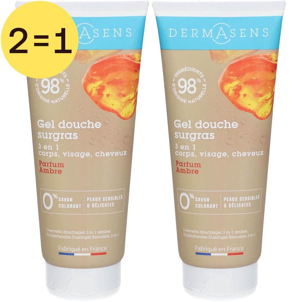 Deux tubes de DermAsens Gel Douche Surgras Ambre 2 pour 1. Inscription: Gel douche surgras, Parfum Ambre, 3 en 1.